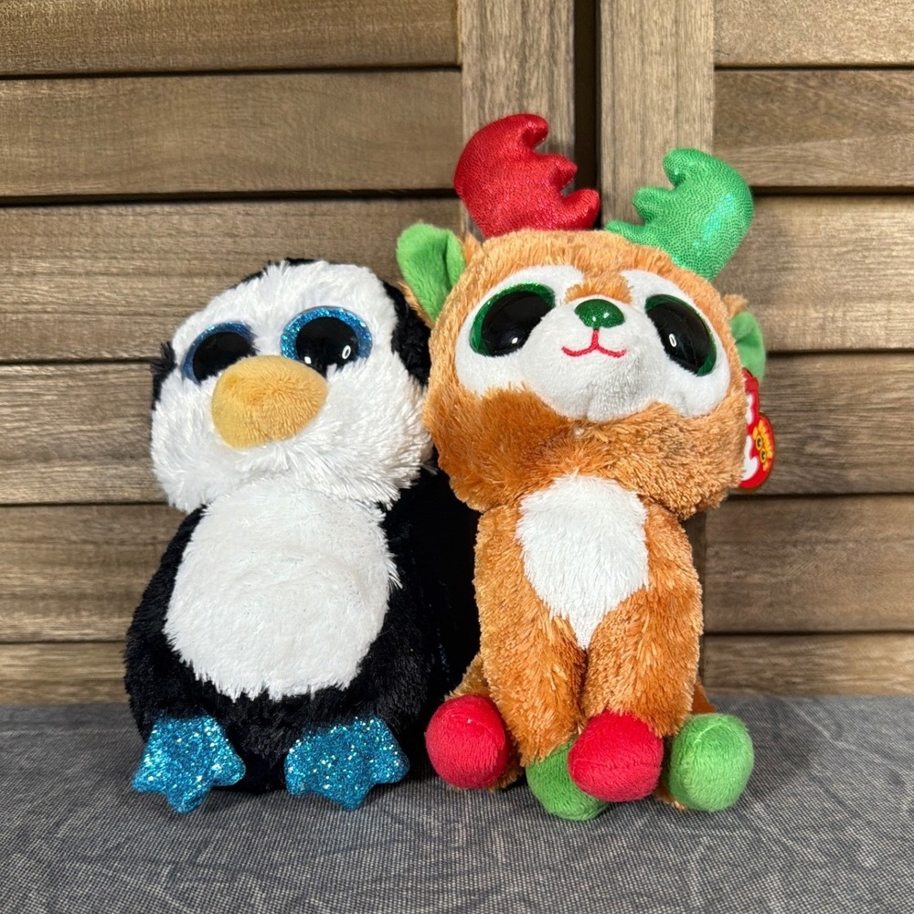 Ty Plush Toys Tinseltoes Waddles Beanie Boos Brown Black Christmas Set GOOD